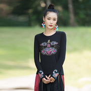中国风女装春秋冬季民族风服装复古刺绣长袖T恤修身显瘦打底衫QS