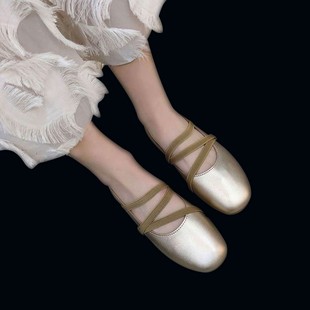 平底鞋女2023温柔晚晚风，仙女银色伴娘鞋外穿绑带芭蕾舞单鞋