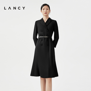 lancy朗姿春季黑色，长袖羊毛裙子，中长款职业气质西装连衣裙女