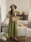  韩国东大门2024夏季橄榄绿气质收腰显瘦短袖a字亚麻连衣裙女