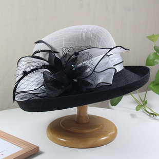 帽子女夏季亚麻英伦，复古赫本时装帽，优雅法式时尚名媛卷边花朵礼帽