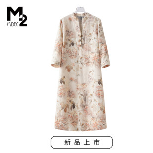 m22024春夏宽松大码中年，妈妈汉服中国风，亚麻中袖连衣裙