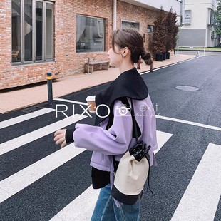 RIXO EXIT法式紫色短款风衣外套女小个子设计感撞色拼接休闲夹克