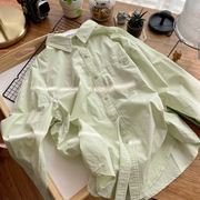 工装风设计感卡其色衬衫女设计感单口袋宽松休闲长袖衬衣2024春季