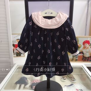 韩国中小童装冬女童宝宝，荷叶领深蓝印花丝绒长袖连衣裙g8