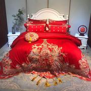 龙凤绣花喜被套贡缎婚房提花，结婚床上用婚庆，四件套大红色床单全棉