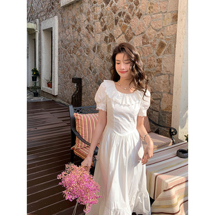 邓六六(邓六六)白色连衣裙女夏季高级感茶歇法式初恋长款娃娃领气质公主裙