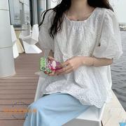 白色镂空衬衫女设计感小众夏装短袖2023泡泡袖娃娃衫上衣韩版