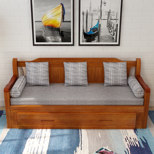 实木沙发床折叠两用推拉伸缩坐卧客厅，多功能折叠实木沙发床小户型