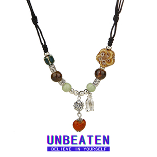 unbeaten复古新中式陶瓷串珠项链，女小众设计禅意民族，风锁骨链配饰