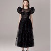 越南小众设计师蕾丝网纱刺绣黑色亮片泡泡袖连衣裙名媛气质晚礼服