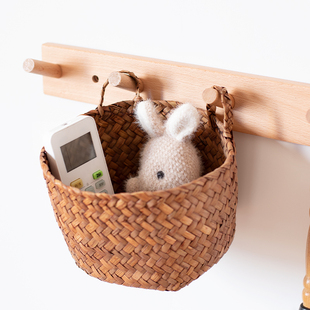 浦澜创意可爱猫耳宿舍收纳篮手工，编织床头置物筐钥匙杂物草编盒