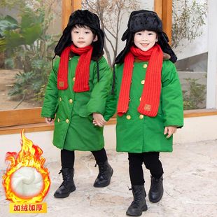 军冬大衣儿童加棉加厚中长款男女童外套，东北儿童军棉绿色小孩棉衣