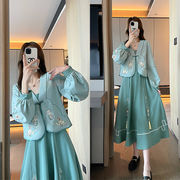 唐制汉服女中国风唐装上衣旗袍改良上班可穿绿色汉元素连衣裙套装