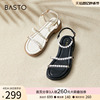 百思图夏季珍珠透明条带低跟女露趾休闲罗马凉鞋MB210BL3
