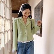 首尔印象韩代 东大门 ins风 苹果绿色单排扣西装领短外套24春新女