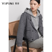 Yifini/易菲大翻领短款宽松外套女春秋复古格纹落肩上衣