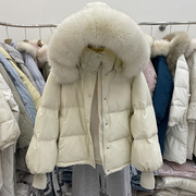短款羽绒服女2023年冬季韩版宽松大毛领针织袖小个子加厚外套