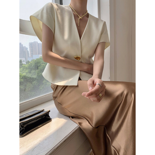 WANGXO 法式米色短袖V领薄款外套女夏季2023年设计感小众短款上衣