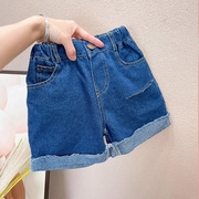 韩版女童纯色牛仔短裤，夏季2024儿童破洞热裤，宝宝外穿薄款裤子