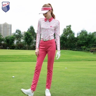 春秋zg6高尔夫女装球服女士运动球衣，套装翻领长袖t恤桃红色长裤女
