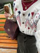 美式小众英伦风双肩，包红绿(包红绿)格子，设计毛呢手提包2023秋冬背包潮