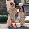 儿童兄妹装韩国夏装洋气男童撞色条纹短袖套装女童A字连衣裙度假