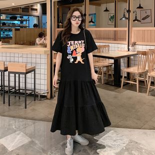 韩国东大门2022夏季可爱卡通拼接连衣裙短袖中长款T恤女宽松