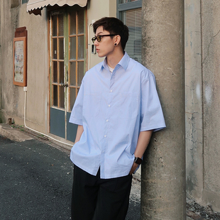 Costful Ro夏季蓝白条纹短袖衬衫 cityboy日系宽松衬衣外套男女