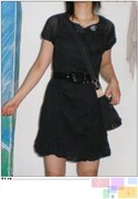 韩版女夏装修身雪纺衫皱褶黑色圆领亮片短袖连衣裙子A型中裙