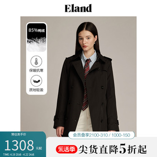 Eland衣恋风衣式双排扣气质羽绒服女长款外套