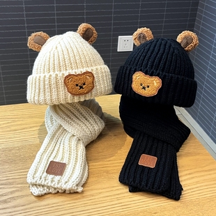 宝宝帽子围巾两件套秋冬季1-3岁男女童毛线帽可爱小熊婴儿保暖帽