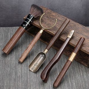 茶道六君子五件套茶具5件套黑檀木材质组合茶勺夹针叉笔配件。