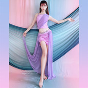 百雅千慧2024年夏季肚皮舞蹈表演服练功服，浅紫蕾丝长裙套装