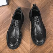 布洛克男鞋春季英伦西装真皮板鞋黑色内增高男士正装商务休闲皮鞋