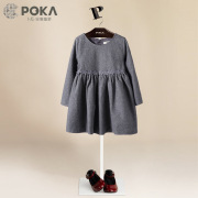 poka2021中大女童装，童裙羊毛呢子花朵长袖，深灰公主连衣裙