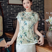 流行漂亮缎面真丝上衣女，夏季小众设计感新中式竹叶印花桑蚕丝小衫