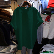 墨绿色中长版短袖t恤女纯棉，夏装韩版宽松bf慵懒风，t恤纯色上衣服