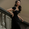 越南小众品牌珍珠坑纹半袖，黑色连衣裙高腰显瘦气质年会礼服长裙女