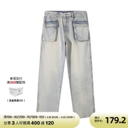 SANBAI 叁佰美式水洗黄泥色3D口袋牛仔裤男士做旧宽松直筒长裤