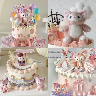 网红小狐狸蛋糕装饰摆件 毛绒布艺软陶粉色小玩偶 烘焙装饰
