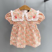 韩国童装 夏女童宝宝可爱甜美橘色满印花朵大翻领连衣裙子