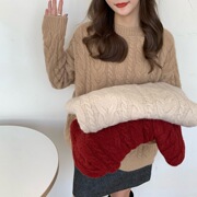 韩版套头毛衣女宽松慵懒风2022秋冬圆领粗线复古麻花针织衫
