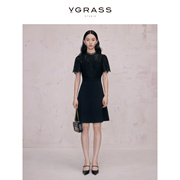 vgrass高端精致黑色连衣裙，女春季蕾丝拼接小黑裙