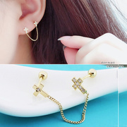 韩国14k黄金耳钉女 个性款满锆十字架单耳双孔螺丝连线耳骨钉女