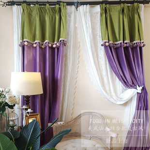法式复古轻奢绒布紫色窗帘 美式客厅卧室飘窗窗帘遮光2022