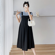 孕妇连衣裙套装黑色显瘦背带裙＋针织镂空短袖两件套韩版套装