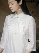 中式改良旗袍连衣裙七分袖，2023春夏女装，白色茶人服中长款裙子