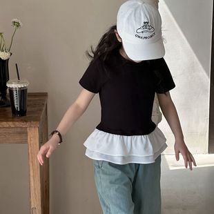 韩系女童雪纺拼接短袖t恤黑白，上衣小童夏装天丝牛仔阔腿裤套装
