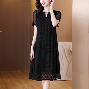 拼接黑色常规杭州连衣裙女夏季洋气中年妈妈高端气质刺绣裙子